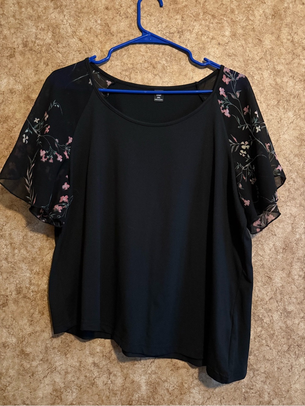 SHEIN Black Blouse with Pink Floral Flutter Sleeves